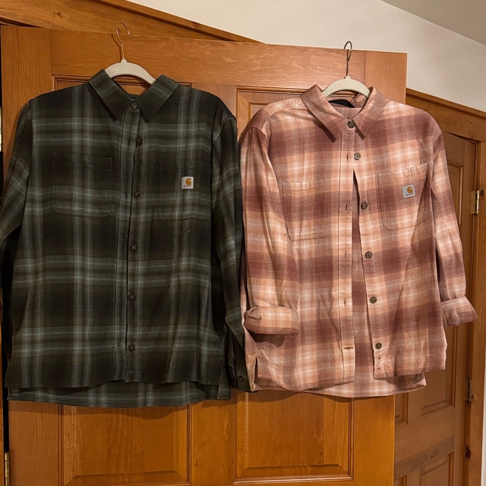 Carhartt Women’s Casual Button-Down Shirts 2- Black and Green and Pink Plaid.